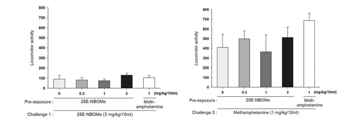 The effects of systemic administration on the expression of behavioral sensitization in mice. One hour total locomotor activity counts observed (Left) after challenge with high dose of the drug (Right) after challenge with methamphetamine n=5-6