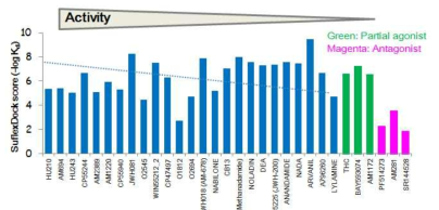 SurflexDock 도킹 스코어(-logKD)와 agonist 활성관계 분석