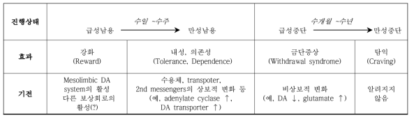 약물남용의 각 단계별 세포내 및 생리적 기전