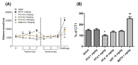 The effects of PCA HCl on the locomotor activity in mice. Each point represents the mean ± S.E.M. of the (A) distanced moved (cm) during the 7 days drug treatment, 7 days drug abstinence, and 1 day drug challenge. (B) distance moved (cm) on treatment Day1 and challenge day. *p<0.05, **p<0.01, ***p<0.001 n=10 (A) Bonferroni’s post-test, and (B) Bonferroni’s Multiple Comparison