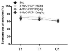 The effects of 4-MeO PCP HCl on the Y-maze test (for learning and memory impairment) in mice. Values are mean ± S.E.M. n = 10 animals per group. *p < 0.05, **p < 0.01, ***p < 0.001 significantly different from the saline group [Bonferroni´s post-test]. T1; treatment day 1, T7; treatment day 7, C1; challenge day 1