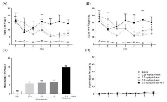 The effects of Ketamine and methoxetamine on self administration in mice (A). number of infusion (B) active lever response (C) number of mean infusion during FR1 (D) number of inactive response. n = 7 /group. Values are mean ± S.E.M. * p < 0.05, **p<0.01, ***p<0.001 relatively significant from the Saline group. [(A,B,D) Bonferroni´s posttest], [(C) One-way ANOVA, Dunnett´s posttest]