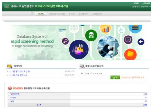 중독사고 원인물질의 초고속 스크리닝법 DB 시스템 메인 화면