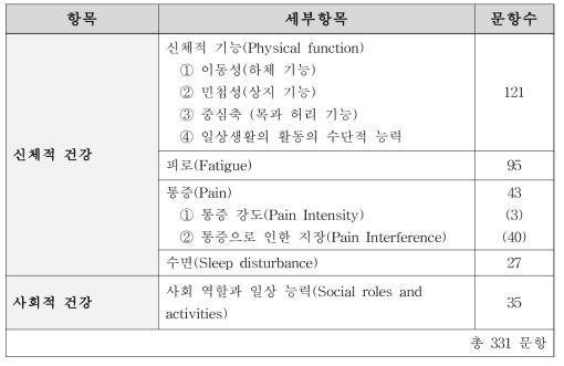 PRO 항목별 세부 항목 및 문항 수