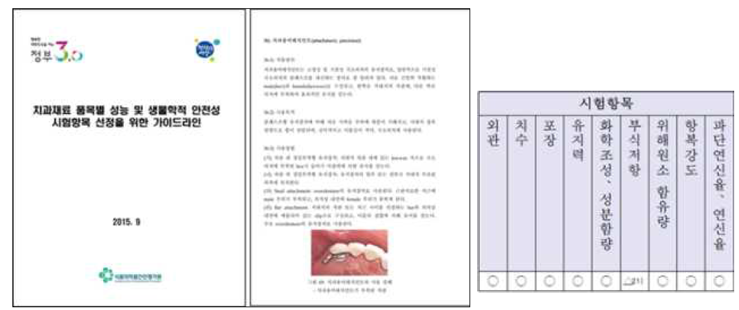 ‘치과재료 품목별 성능 및 생물학적 안전성 시험항목 선정을 위한 가이드라인’과 해당 가이드라인에서 명시하고 있는 치과용어태치먼트의 내용 및 시험항목