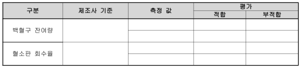 백혈구 잔여량/혈소판 회수율 기록표