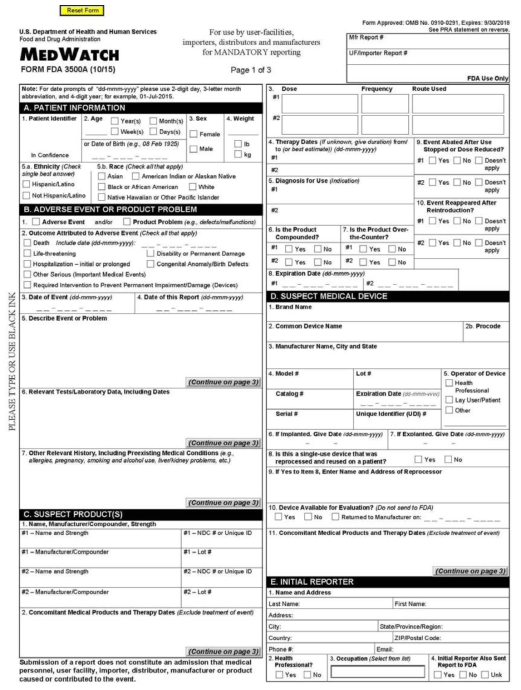 미국 FDA form 3500A-1/3