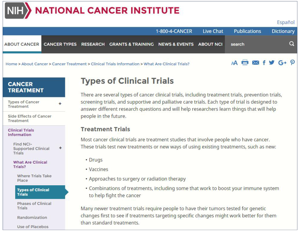 NCI의 임상 시험 유형