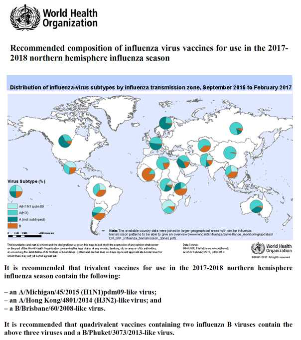 WHO 추천 2017-2018 북반구 인플루엔자 바이러스 백신주