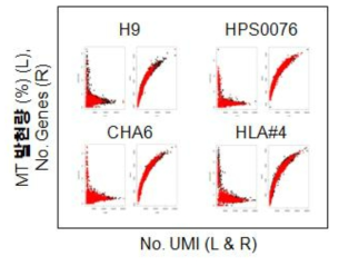 UMI함량에따른MT유전자발현량(L)및 유전자 분포도 (R)