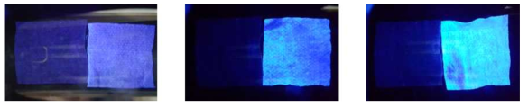 엠보싱 원단의 형광증백제 침적 확인(좌 : Blank, 우 : 침적원단)