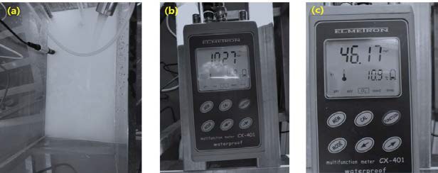 마이크로버블에서(a) 공기에 의한 용존산소농도(b), 산소에 의한 용존산소농도(c) 측정