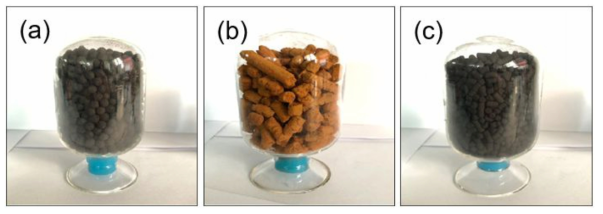 흡착제 시료별 형상 (a) 슬러지 흡착제, (b) 산화철, (c) 첨착 활성탄