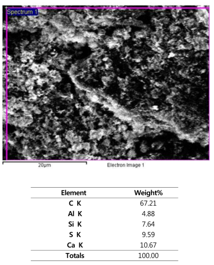 자연과학산업(주)에서 제조한 황 첨착활성탄 EDX 결과
