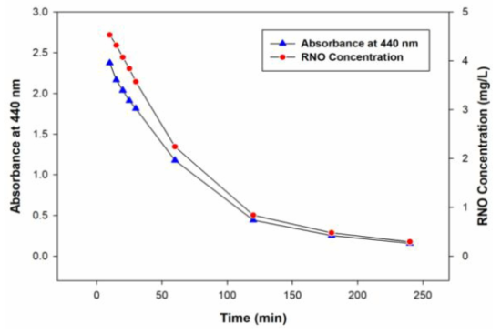 시간에 따른 RNO 물질의 분해과정을 이용한 OH-라디칼 간접정량