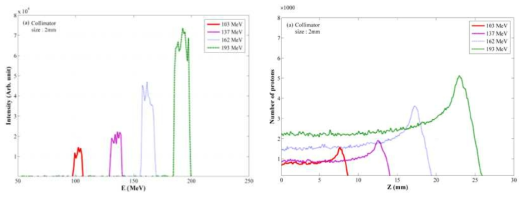 Magnet을 통과한 에너지별 분포도 및 선량분포 (Bragg Peak)