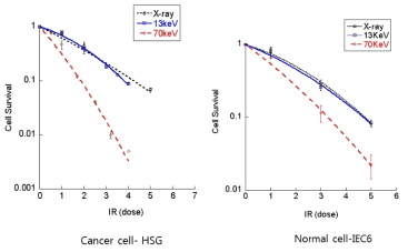 중입자 290MeV scanning beam를 이용한 HSG 세포와 정상세포의 Depth별 생존곡선