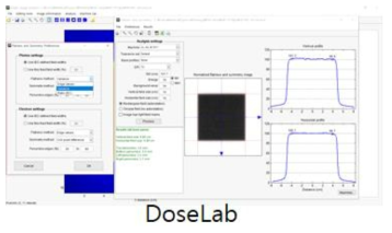 필름 분석 프로그램인 DoseLab. 필름을 스캔한 영상을 입력하여, 필름에 흡수된 흡수선량과 위치 등을 확인할 수 있음