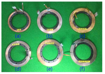 모델 코일의 사진. (a) NI 코일 (NI50), (b) 알루미늄 테이프 절연 코일 (MI50-Al), (c) 황동 테이프 절연 코일 (MI50-brass), (d) SS 테이프 절연 코일 (MI50-SS), ) SS 테이프 절연 코일 (MI50-SS (2Cu)) 및 (f) 단면 Cu 도금 S 테이프 절연 (MI50-SS (1Cu)
