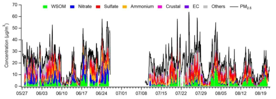 6~8월 서울 대기 중 미세입자 및 구성 성분 농도 변화