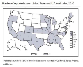 미국의 지역별 인체 브루셀라증 발생현황, 2010 ※ 출처:: CDC (Centers for Disease Control and Prevention)