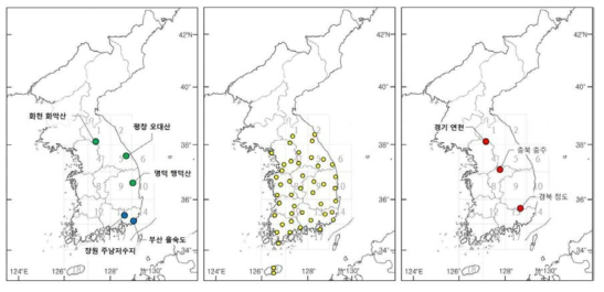 산림 및 철새도래지 채집 5개 지역(왼쪽), 전국 18개 격자 내 기후변화 매개체감시 거점센터 조사지역(가운데), 설치류 포획 지역(오른쪽)