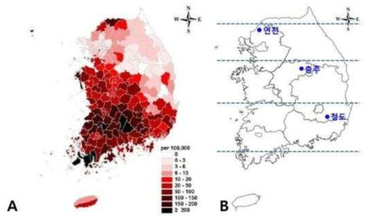 2015년 지역별 환자 발생 분포도(A) 및 조사 지역(B)