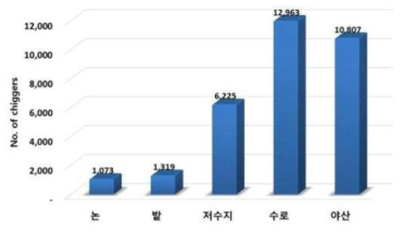 3개 지역 털진드기 환경별 서식 분포(2017~2018)