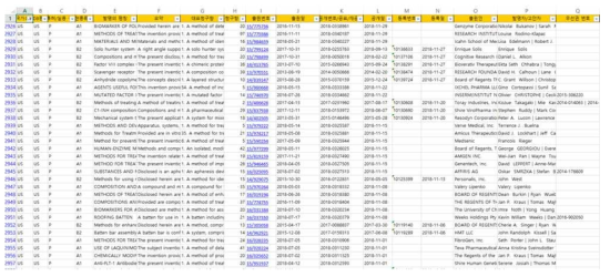 특허 검색 산출 자료의 예
