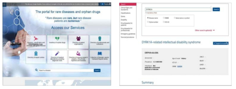 Orphanet 홈페이지 : 주요화면 및 질환 정보