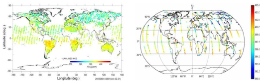 GOSAT의 ’13년 8월 평균된 이산화탄소 산출 농도 및 OCO-2의 ’15년 7월 1일 하루 동안의 이산화탄소 농도 (GOSAT: 연세대학교 분석, OCO-2: NASA)
