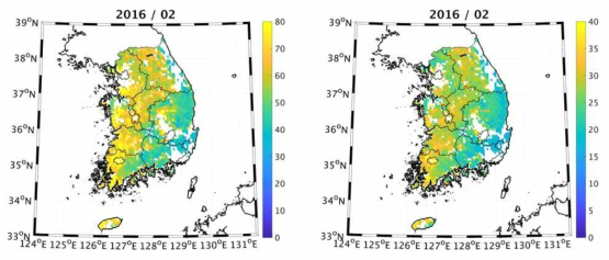 Satellite-derived monthly mean PM10 (left) and PM2.5 (right) distribution using the combined AOD-based RF model on February 2016