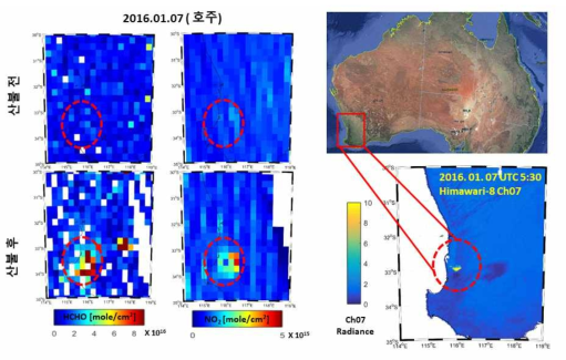 OMI HCHO and NO2 distribution before and after wildfire and Himawari-8 Ch07 (3.85 μm) image of wildfire in Australia