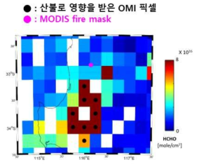 OMI HCHO map, MODIS fire mask, and pixels defined as fire region