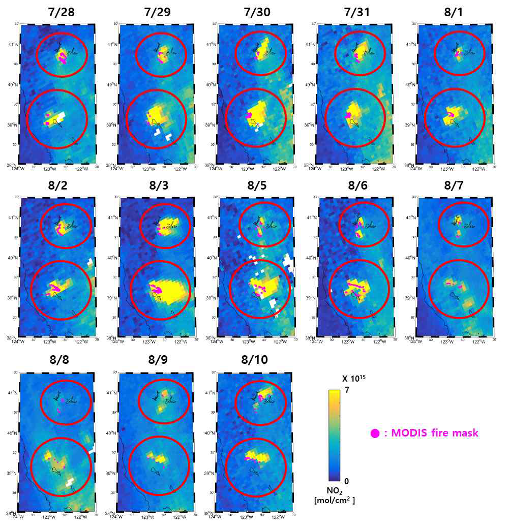 TORPOMI NO2 distribution from 28th July to 10th August. Red circle is the location of two wildfires and pink circle is MODIS fire mask