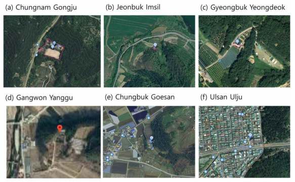 Google Earth images at 6 stations. Gyeongbuk refers Gyengsangbuk-do. Chungbuk refers Chungcheongbuk-do. Chungnam refers Chungcheongnam-do, Jeonbuk refers Jeollabuk-do
