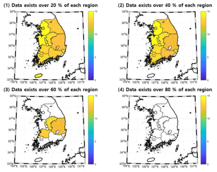 The 2016 spring ARI maps of different spatial percent coverage under the condition of (1) - (4). The spring ARI values which has less than 20 days were removed