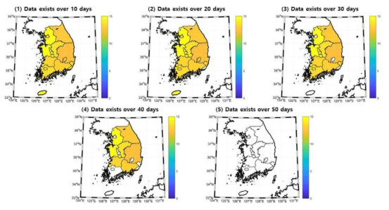 The 2016 spring ARI maps of different temporal days under the condition of (1) - (5). The spring ARI values which have less than 20 % of spatial coverage per region were removed