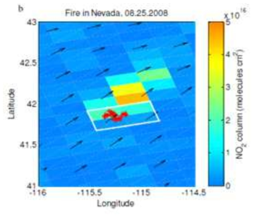 A composite map of OMI NO2 column density, MODIS fire detection, and NARR wind vectors (Mebust et al., 2011)