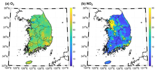 Two year (2015-2016) averaged maps for (a) O3 and (b) NO2 concentration based on random forest model results with modified stepwise selection method