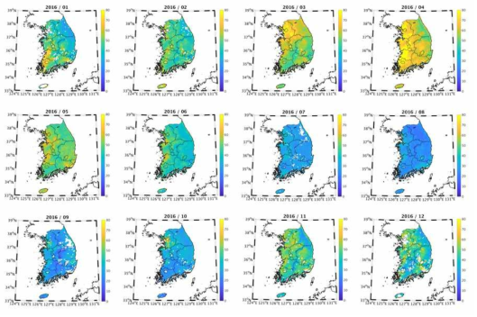 Satellite-derived PM10 monthly map using real-time monitoring in 2016