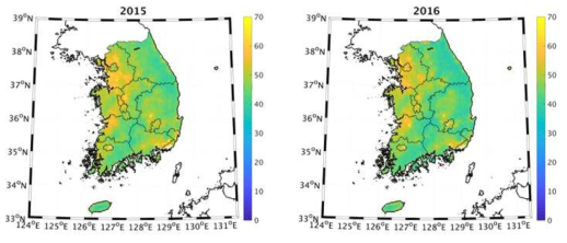 Satellite-derived PM10 annual map using real-time training in 2015(left) and 2016(right)