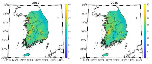 Satellite-derived PM2.5 annual map using real-time training in 2015(left) and 2016(right)