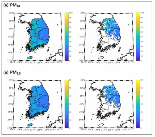 (a) PM10 and (b) PM2.5 distribution using combined GOCI AOD and estimated AOD (left) and using only GOCI AOD (right) on 7th Jan, 2016