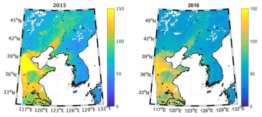 Satellite-derived PM10 annual map using real-time training in 2015 (left) and 2016 (right)