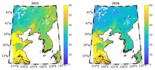 Satellite-derived PM2.5 annual map using real-time training in 2015 (left) and 2016 (right)