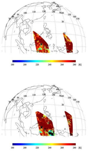 Collocated pixels between AHI and OMI(top) and TROPOMI (2017/11/29 UTC 03-06, DCC marked by Black point)