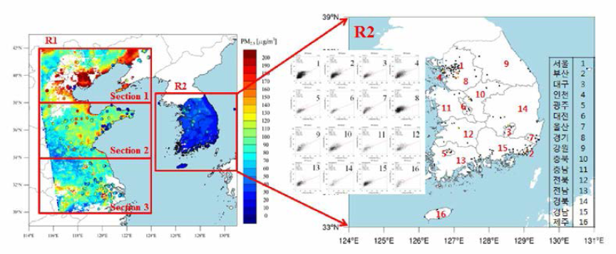 Example of regional segmentation of estimating ground level PM2.5 concentration in east China(Rl) and South Korea(R2)