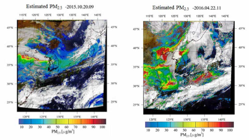 Example of estimated PM2.5 distribution using ratio of satellite AOD between ground level PM2.5 concentration