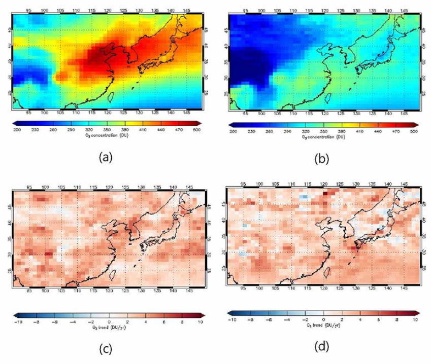 Spatial distribution(a: ozone season, b: non-ozone season) and trends(c: ozone season, d: non-ozone season) of averaged OMI tropospheric O3 concentrations between 2005 and 2014 of East-asia